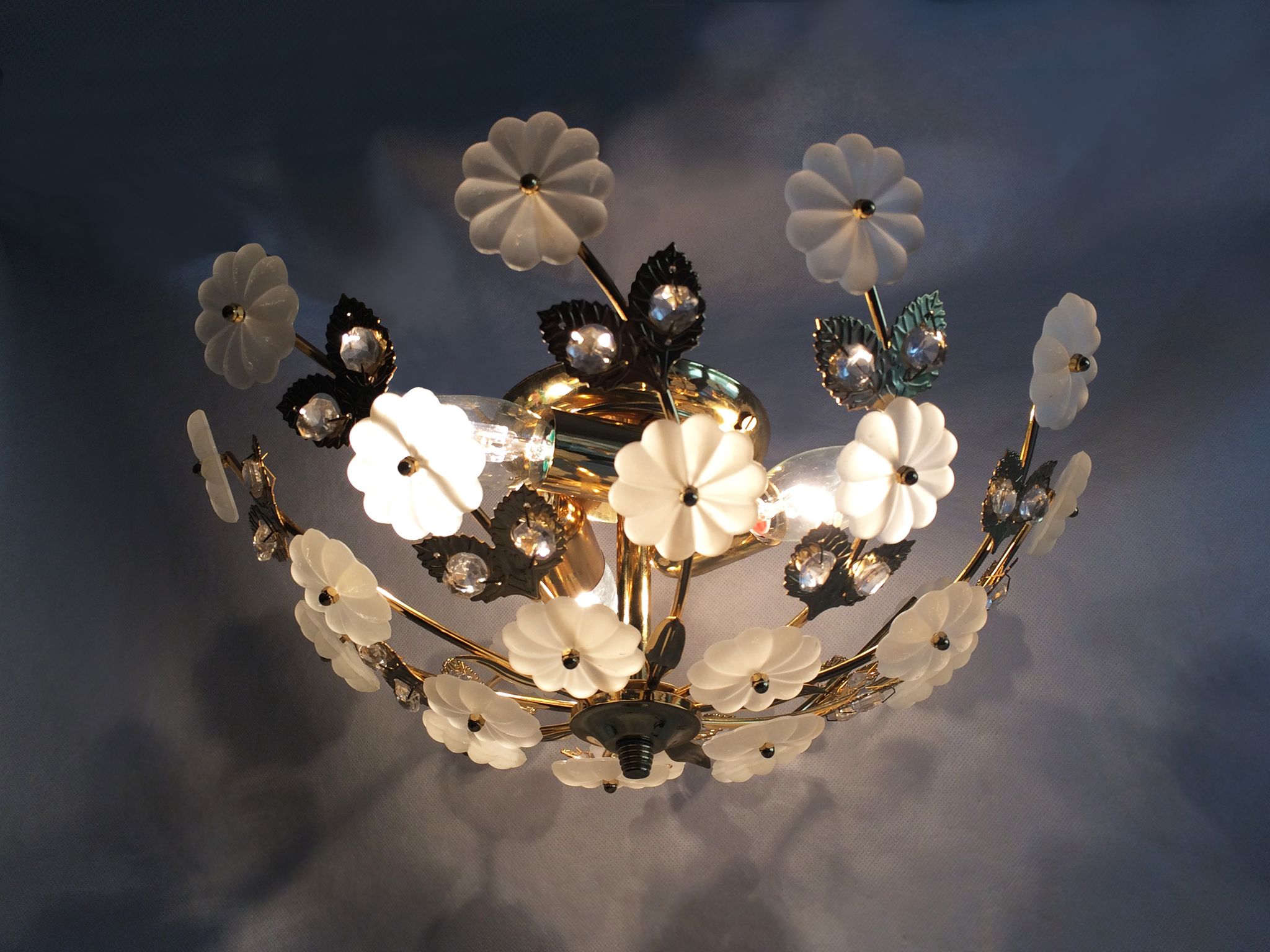 3-light gold metal and brass ceiling, white glass flowers and foliage 1970