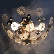 3-light gold metal and brass ceiling, white glass flowers and foliage 1970
