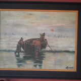 Tableau ancien à l'huile signé sur un panneau de bois représentant des pêcheurs