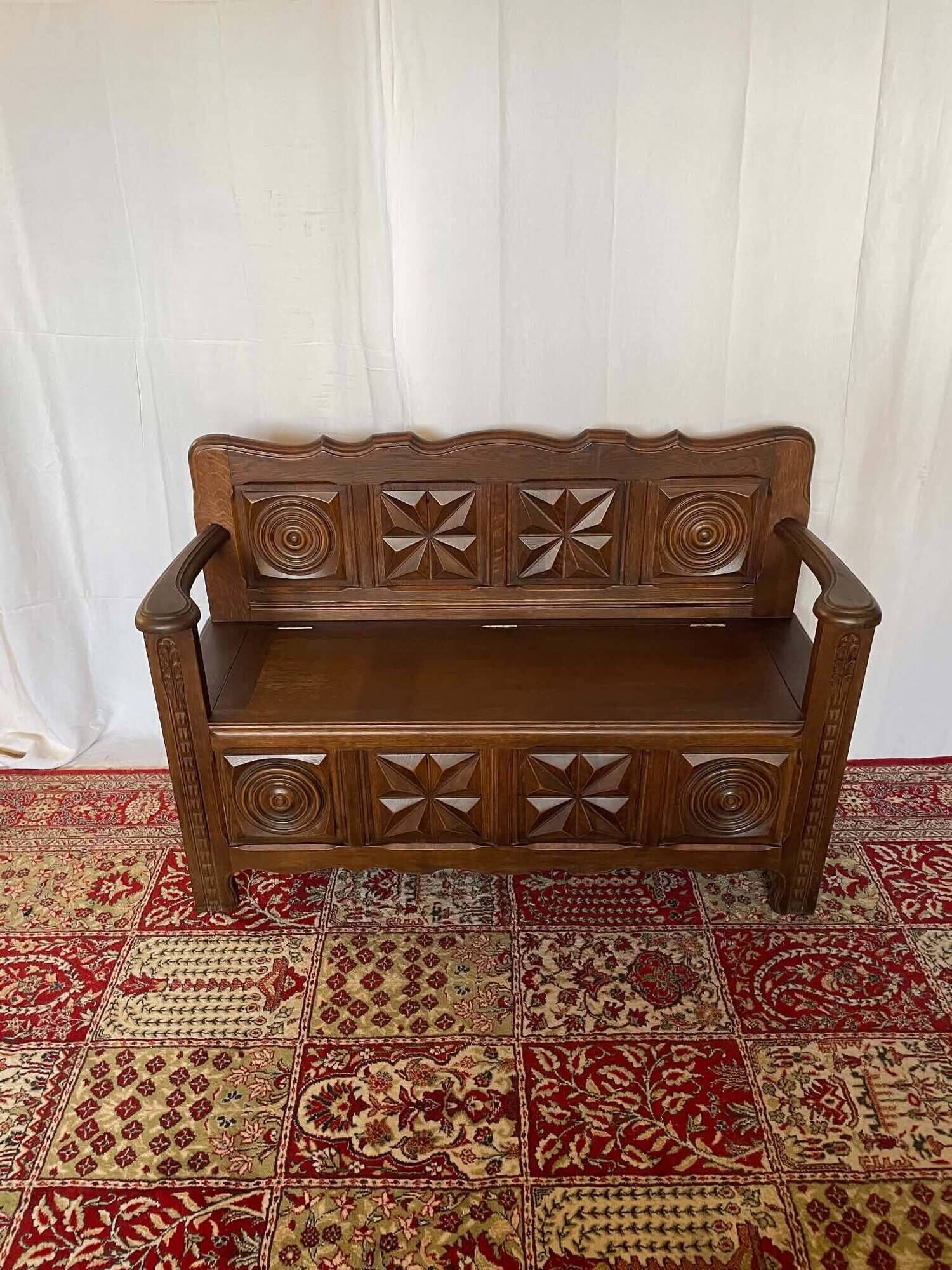 Antique oak carved bank chest – Breton style