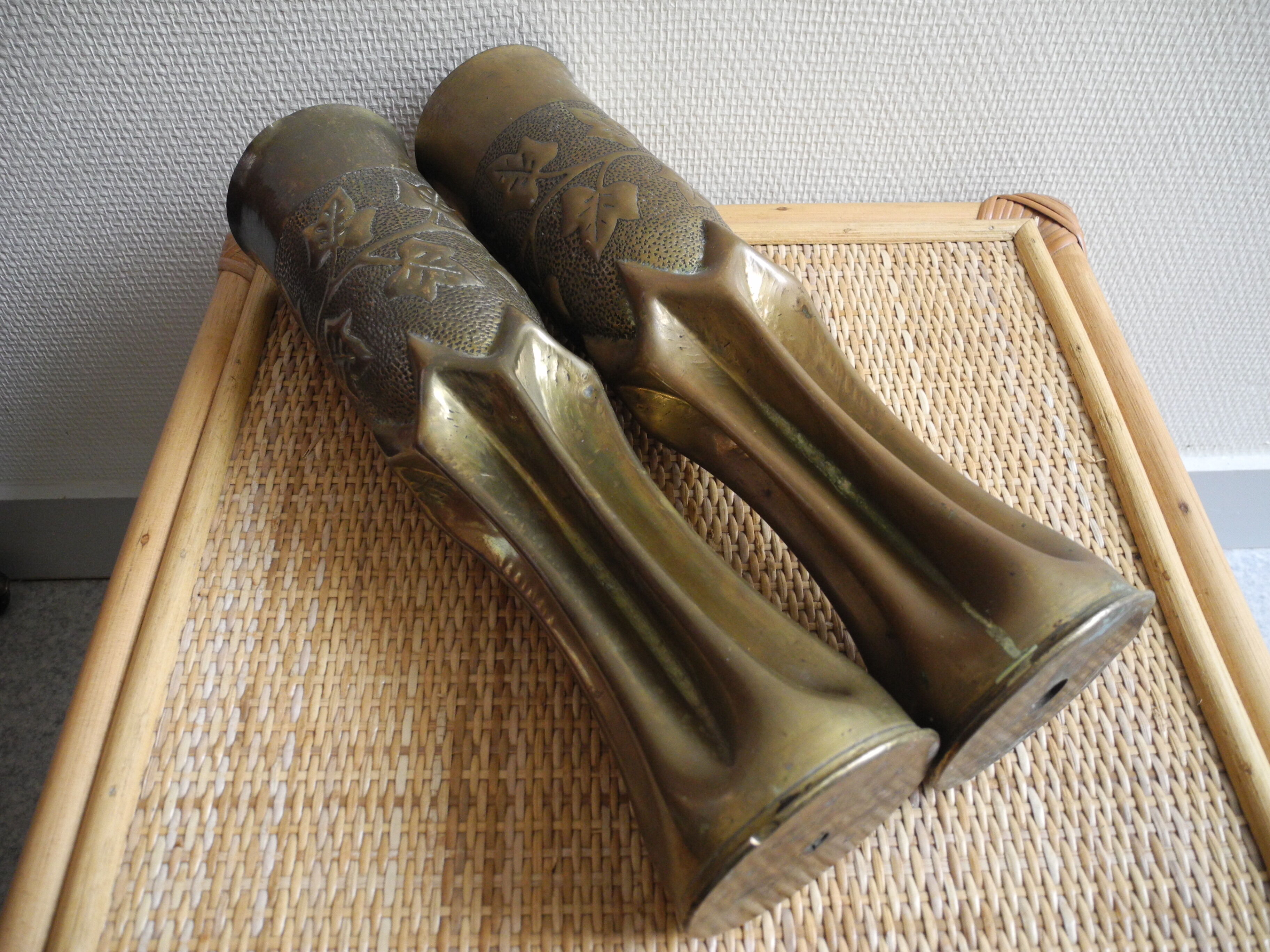 Pair of vases with engraved shell casings, WW1 trench art