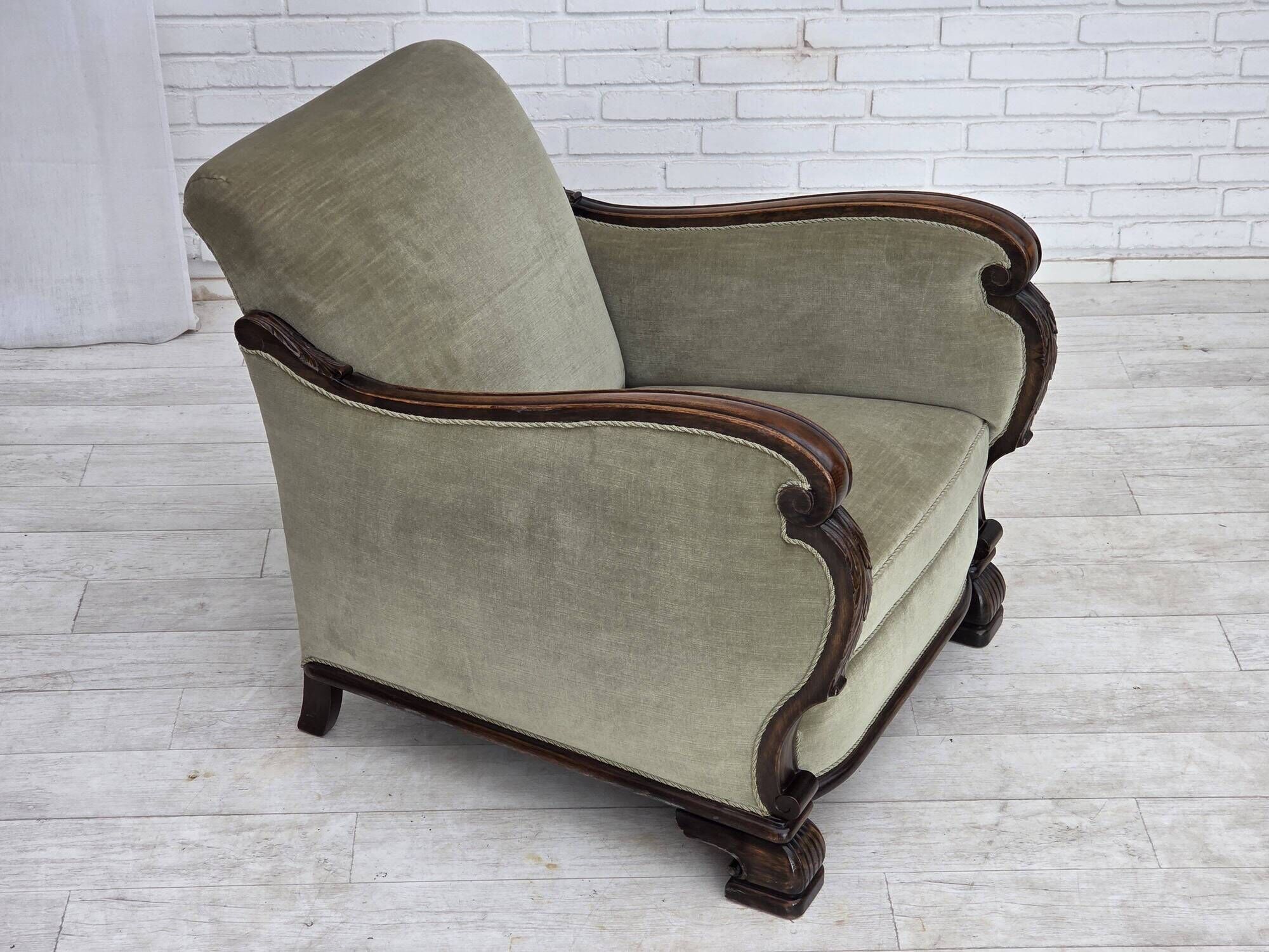 1950s, Danish relax armchair, furniture velour, carved oak wood.