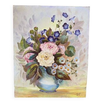 Peinture à l'huile sur toile , bouquet de fleurs dans un vase