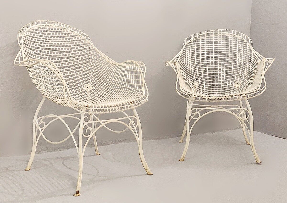 pair of garden chairs in forged iron painted 1950
