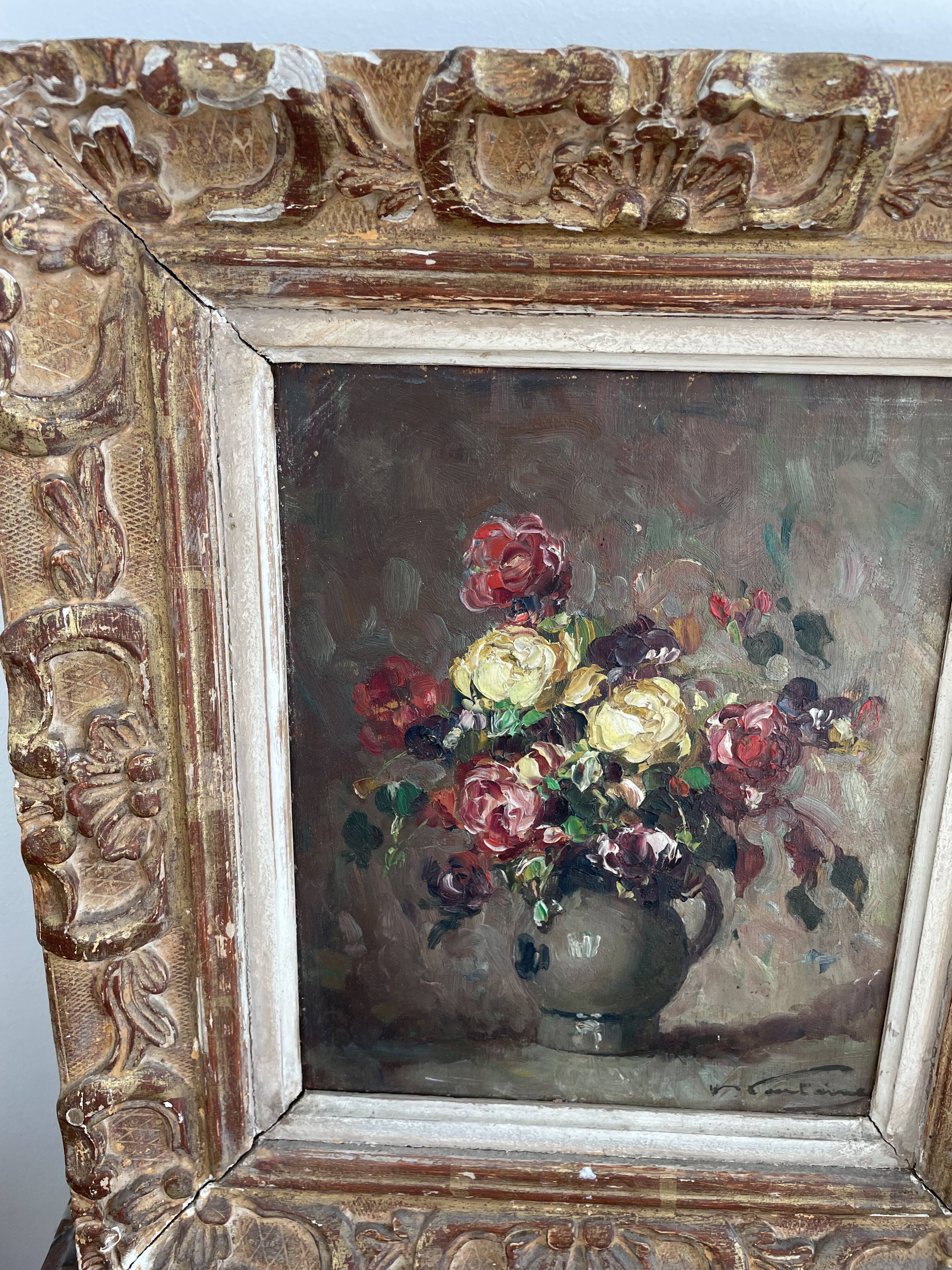 Pair, oil painting, 19th century, still life with bouquet of flowers, wooden frames, signed