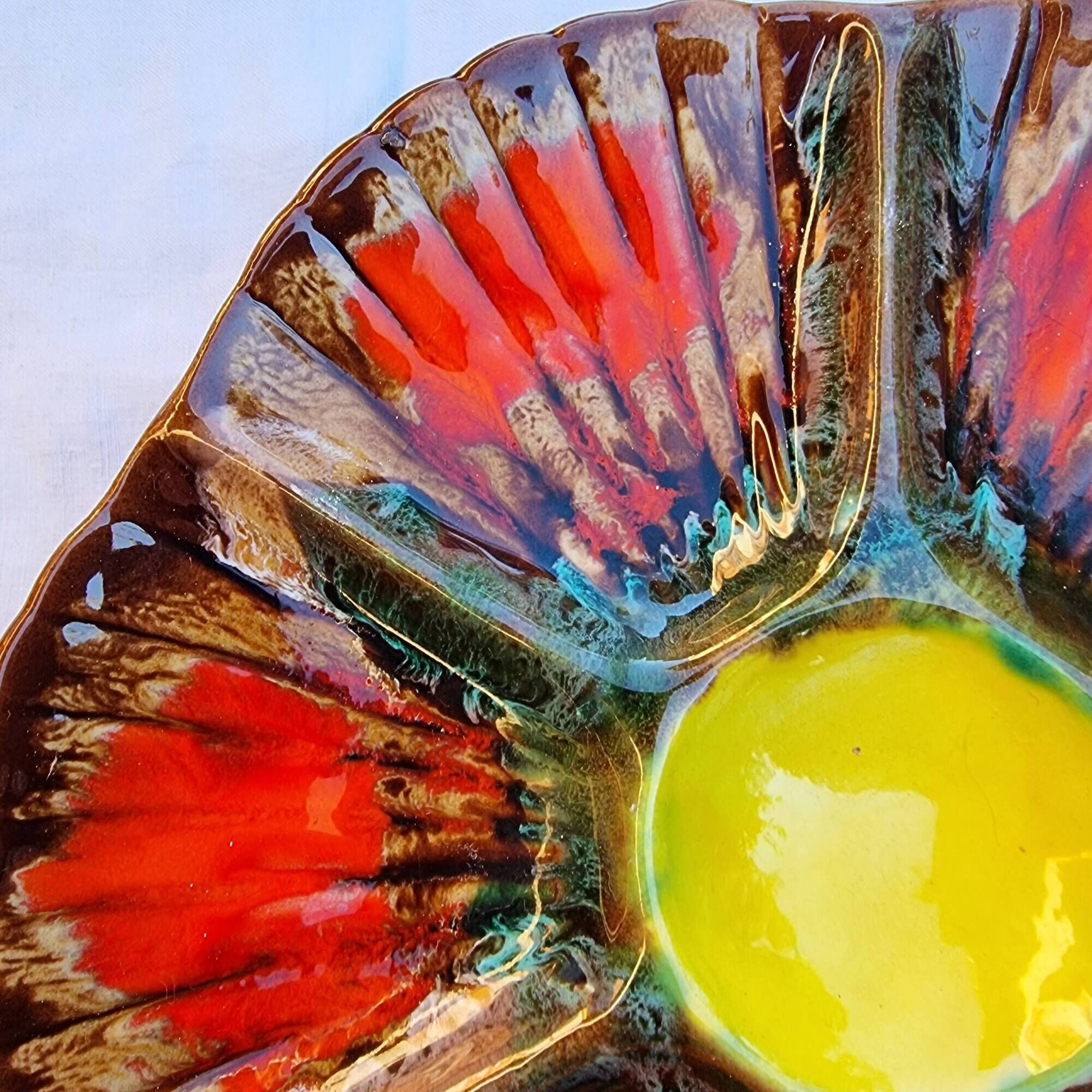 Ceramic oyster dish for 6 Barbotina handcrafted painted and enameled from Vallauris France 1970s