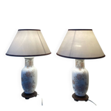 Asian lamps in earthenware from the 1970s/80s with handmade floral decoration.