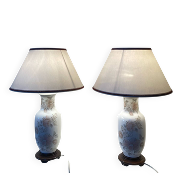 Lampes Asiatique en faïence années 1970/80 décor floral fait main