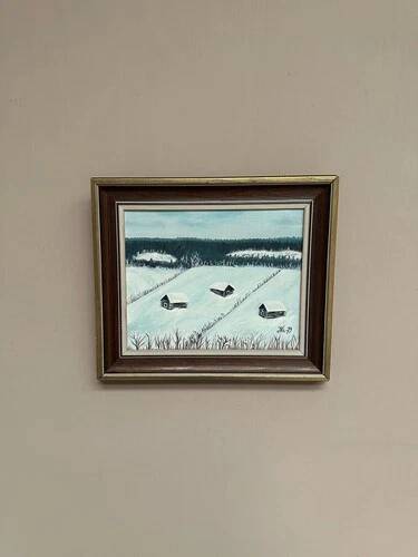 Swedish Oil on Canvas “Houses in the snow” by Nik 79 Vintage & Framed 35x30cm