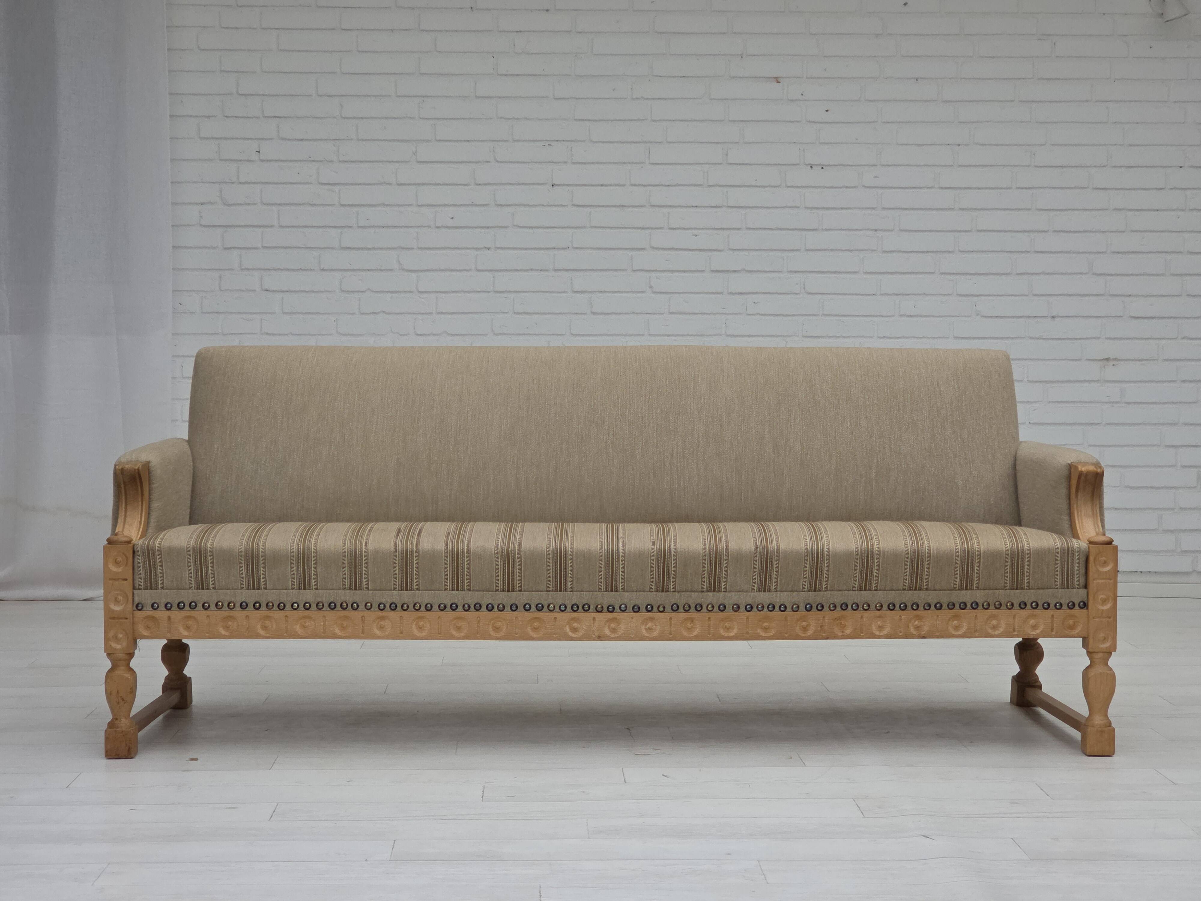 1970s, 3-seater Danish sofa, original beige furniture wool, solid oak wood.