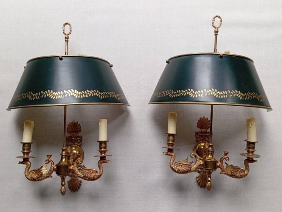 Pair of bronze and sheet metal hot water bottle wall lights