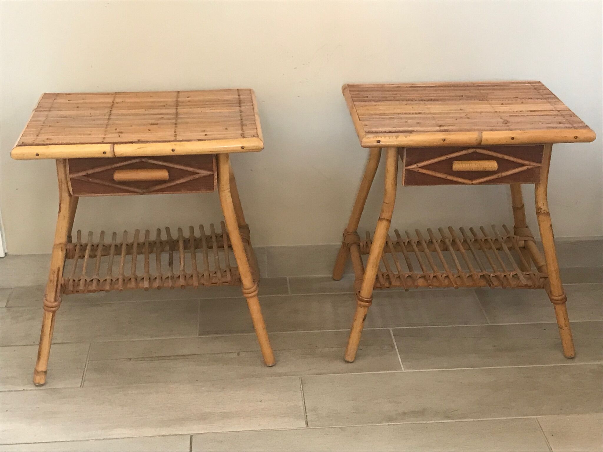 Pair of vintage rattan bedside tables 60 years