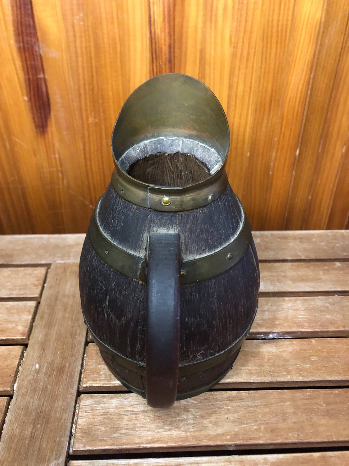 Old Wooden Pitcher + Vintage Brass Strapping