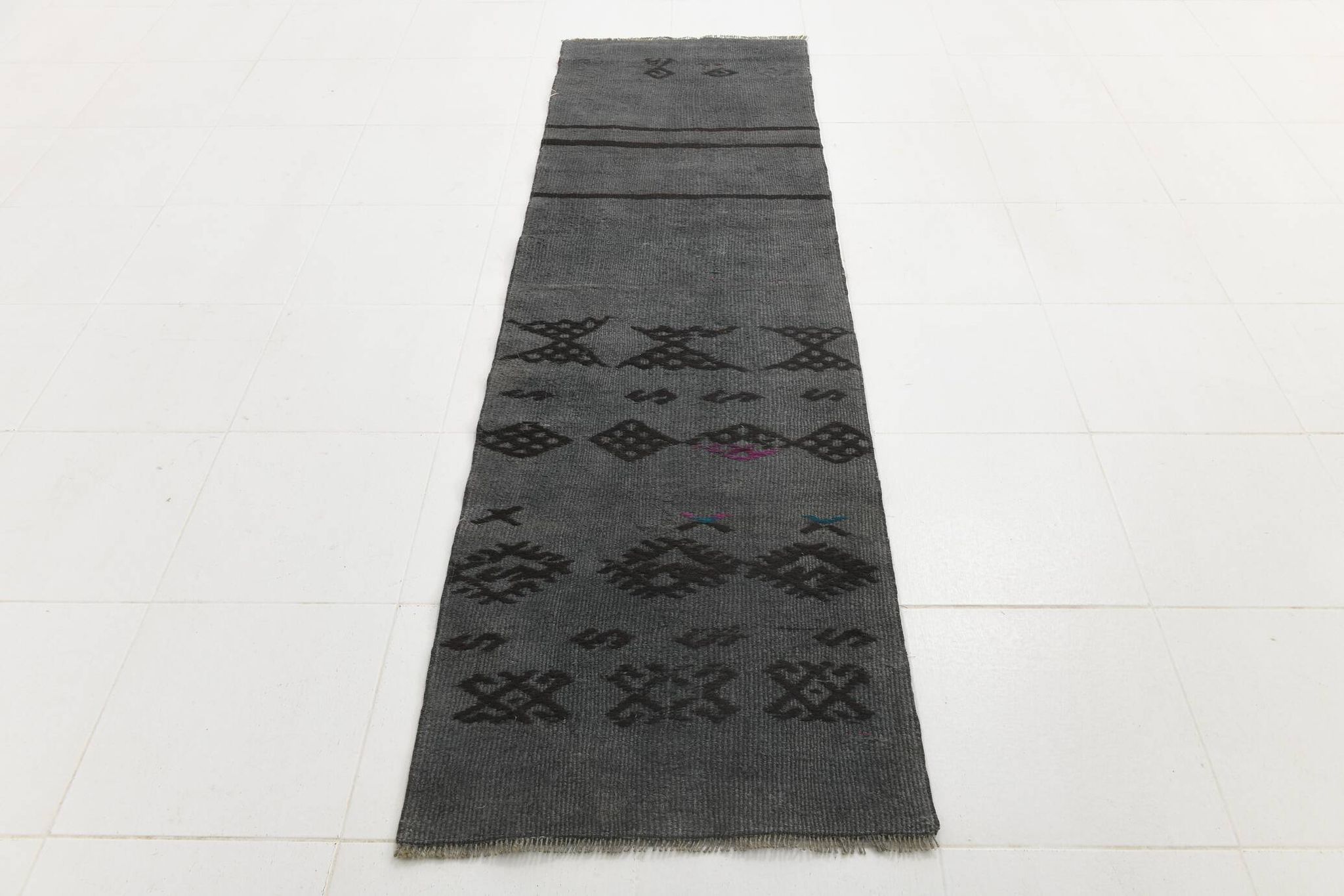 Tapis de couloir vintage gris et noir 2x8, 72x255 cm