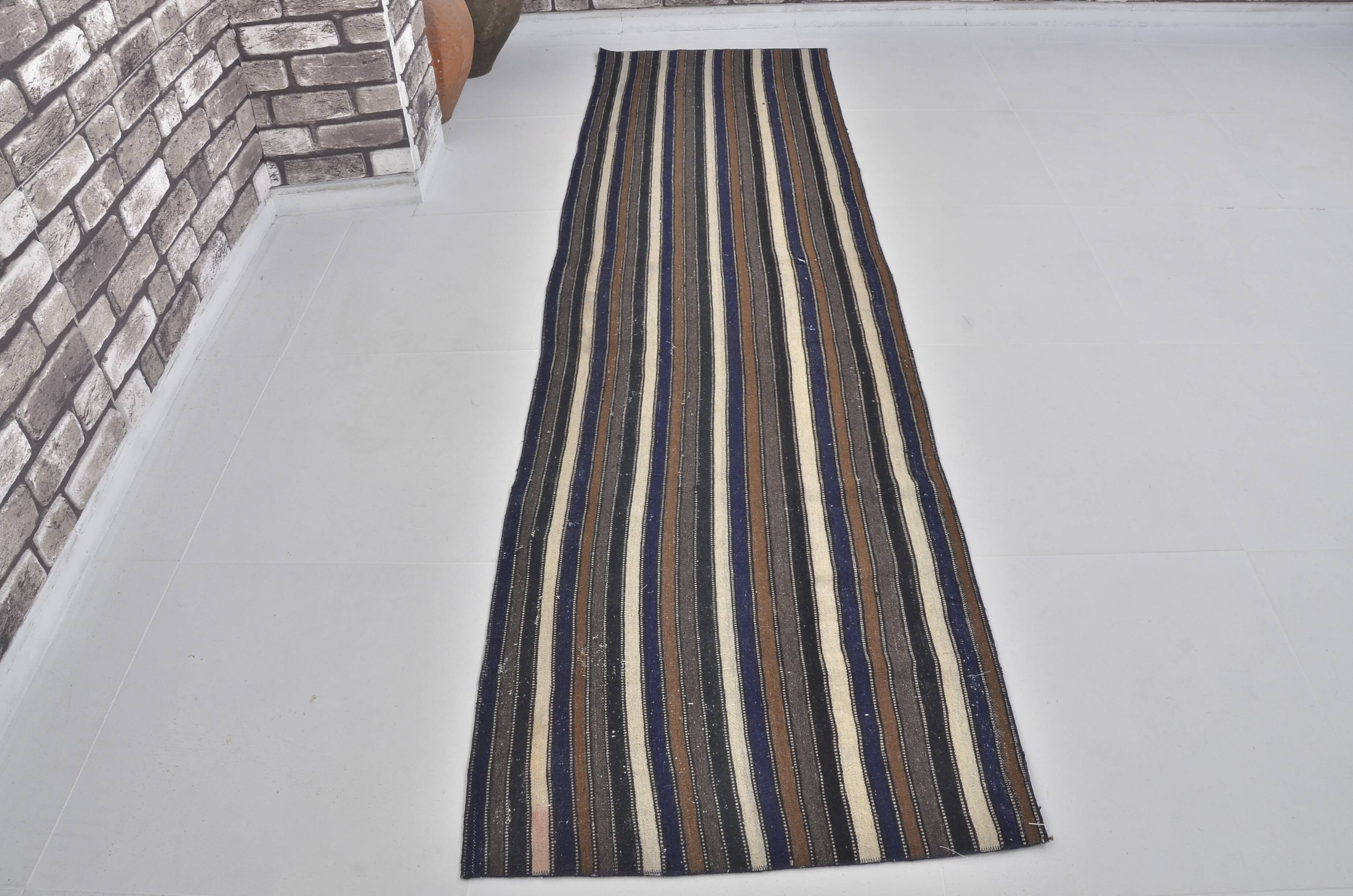 Couverture en kilim en laine turque Oushak à rayures, sku 3776
