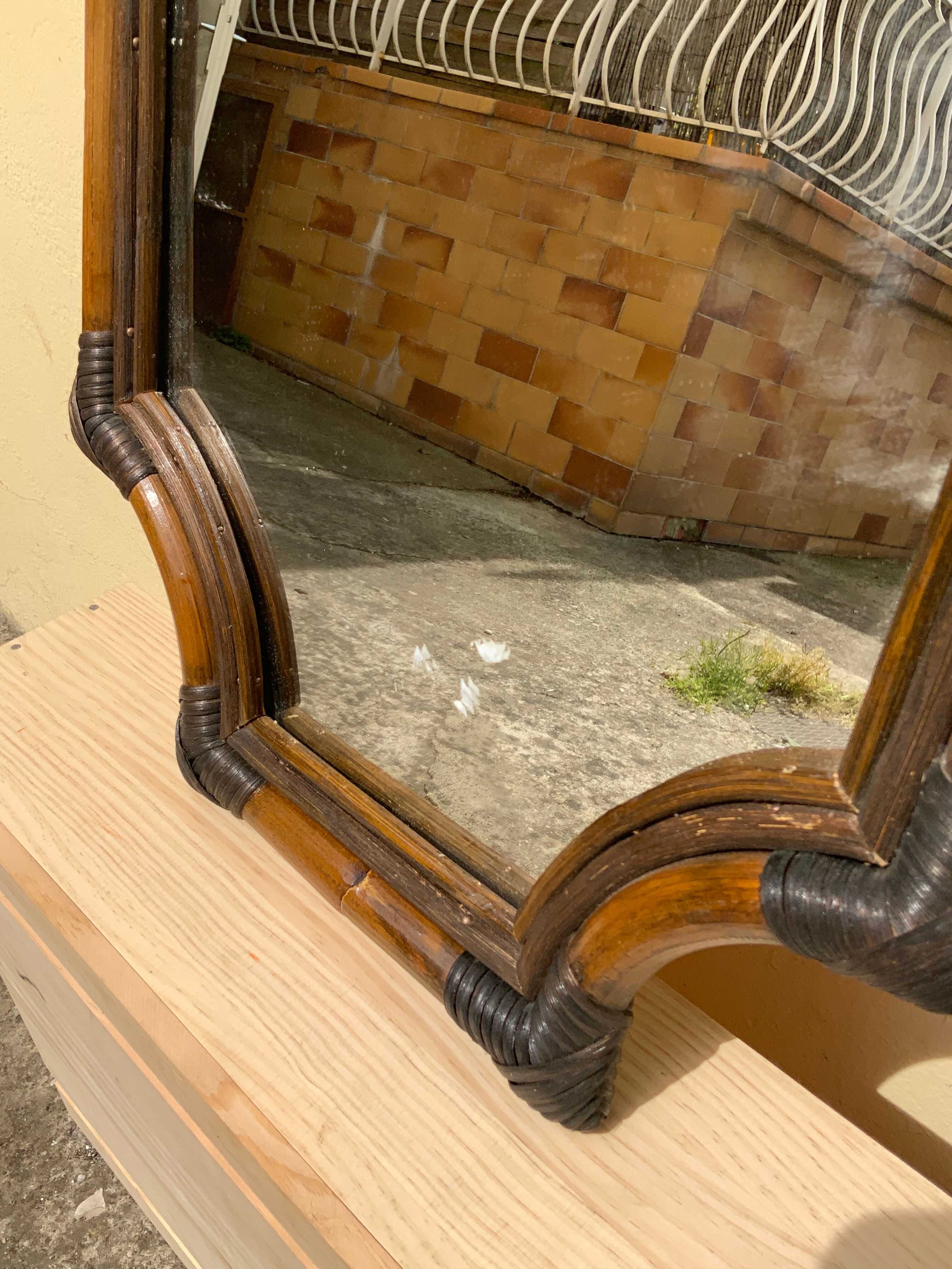 Large format retro decorative vintage wicker and rattan wood mirror