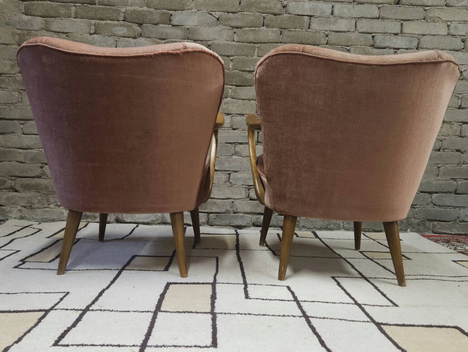 Pair of pink velvet cocktail armchairs 1960