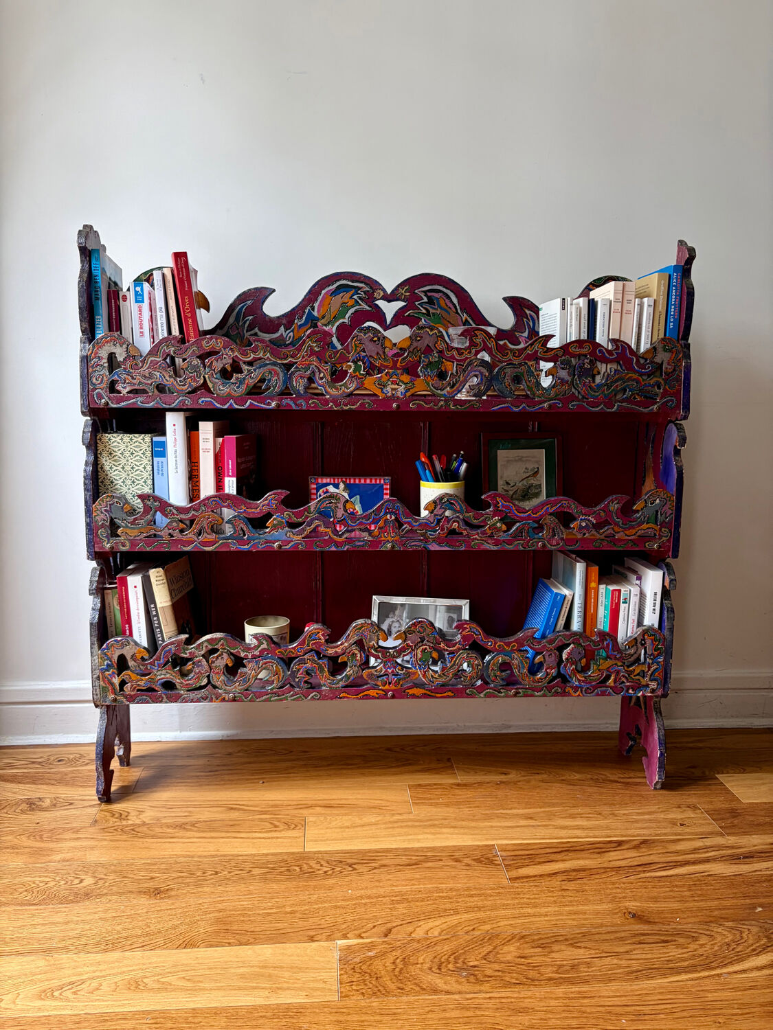 Folk painted wooden wall shelf
