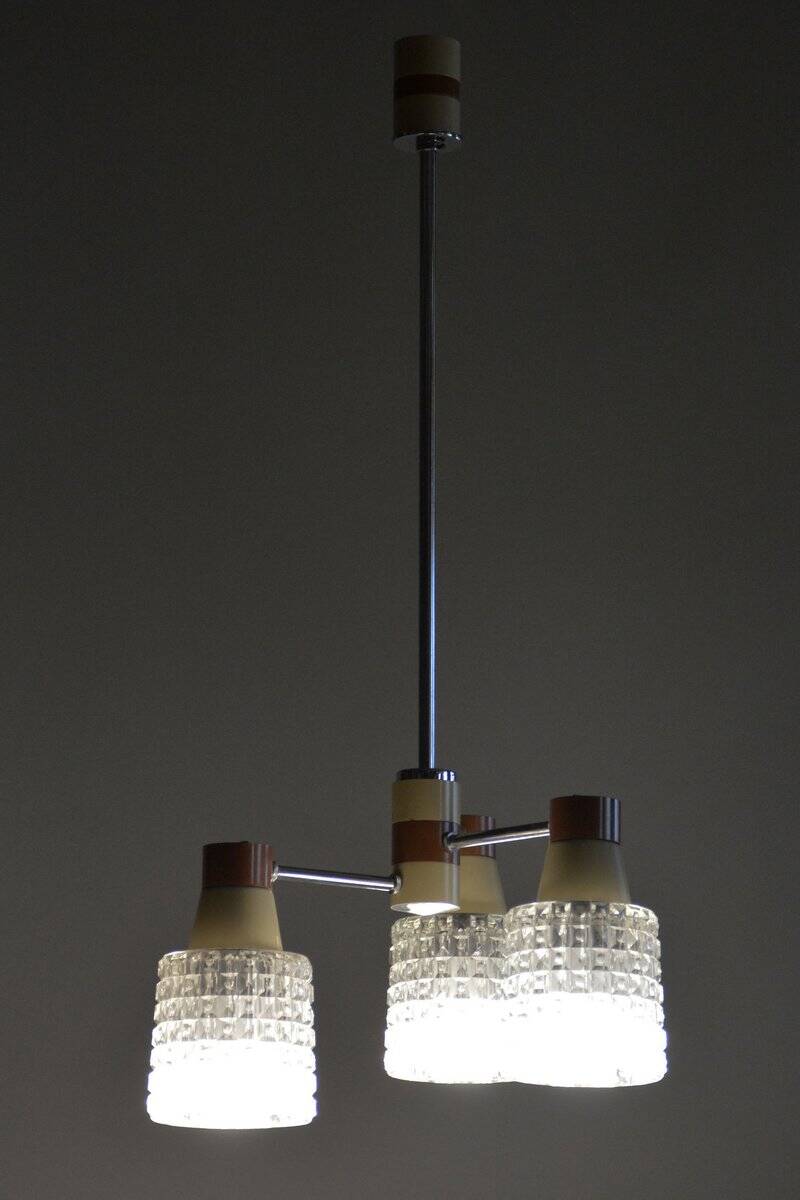 Mid-Century Chandelier in Chromed Steel and Glass from Drukov, Czech, 1970s