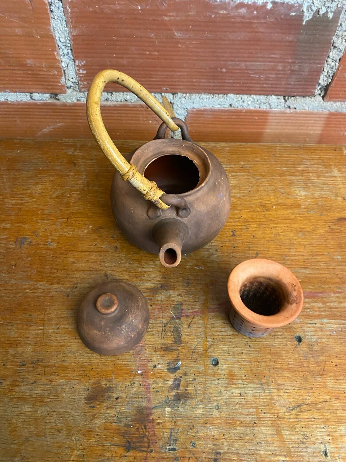 Antique terracotta teapot + bamboo handle, vintage japanese style