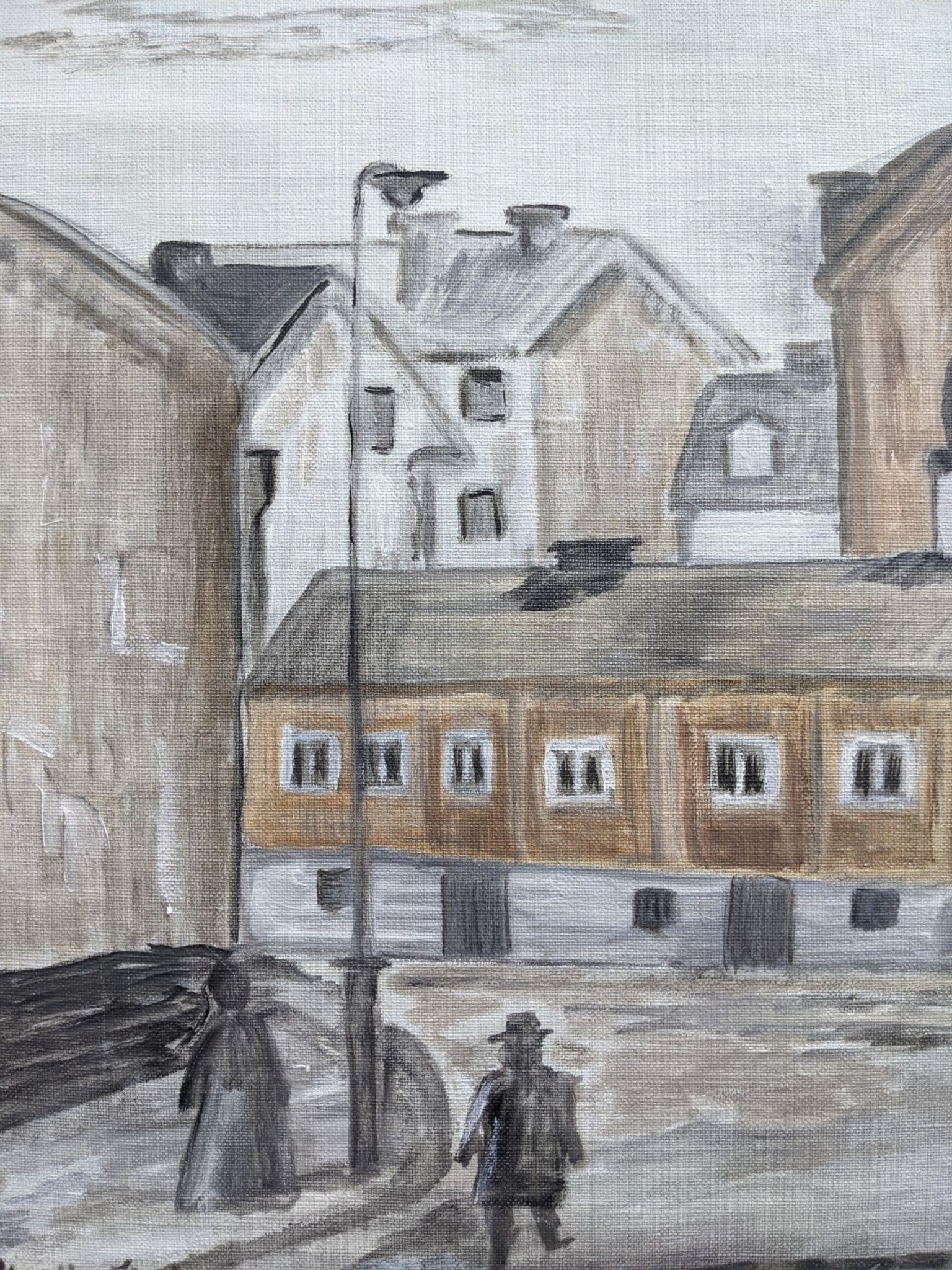 Mid-Century Modern "Stroll" Swedish Vintage Street Scene Oil Painting, Framed