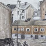 Mid-Century Modern "Stroll" Swedish Vintage Street Scene Oil Painting, Framed