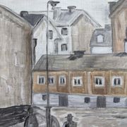 Mid-Century Modern "Stroll" Swedish Vintage Street Scene Oil Painting, Framed