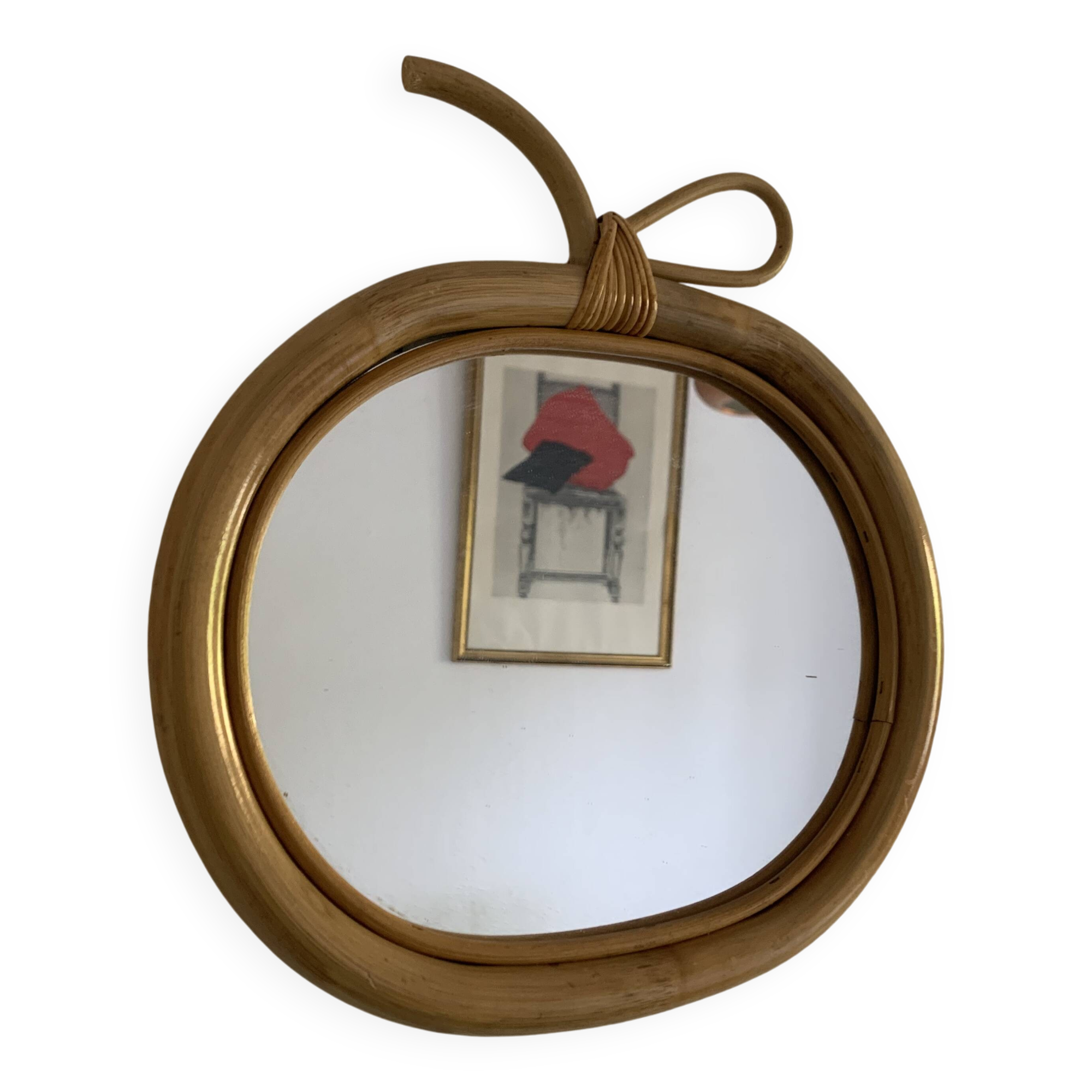 Vintage 1970s Apple Rattan Wicker Fruit Mirror - 35 x 32 cm