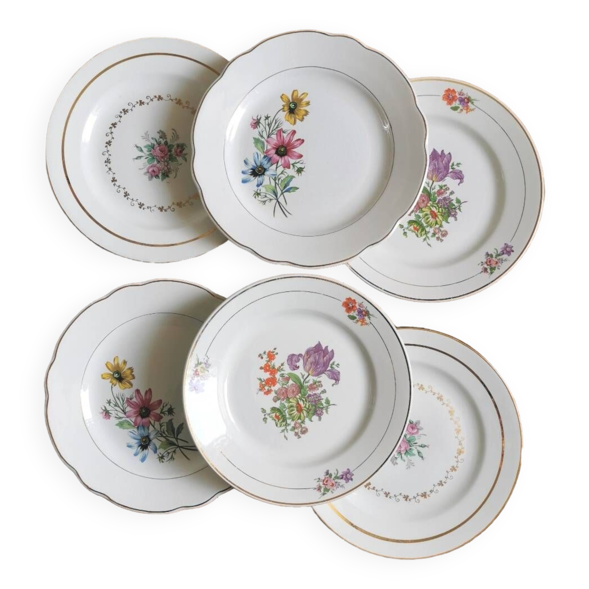 Mismatched vintage dinner plates "Spring"