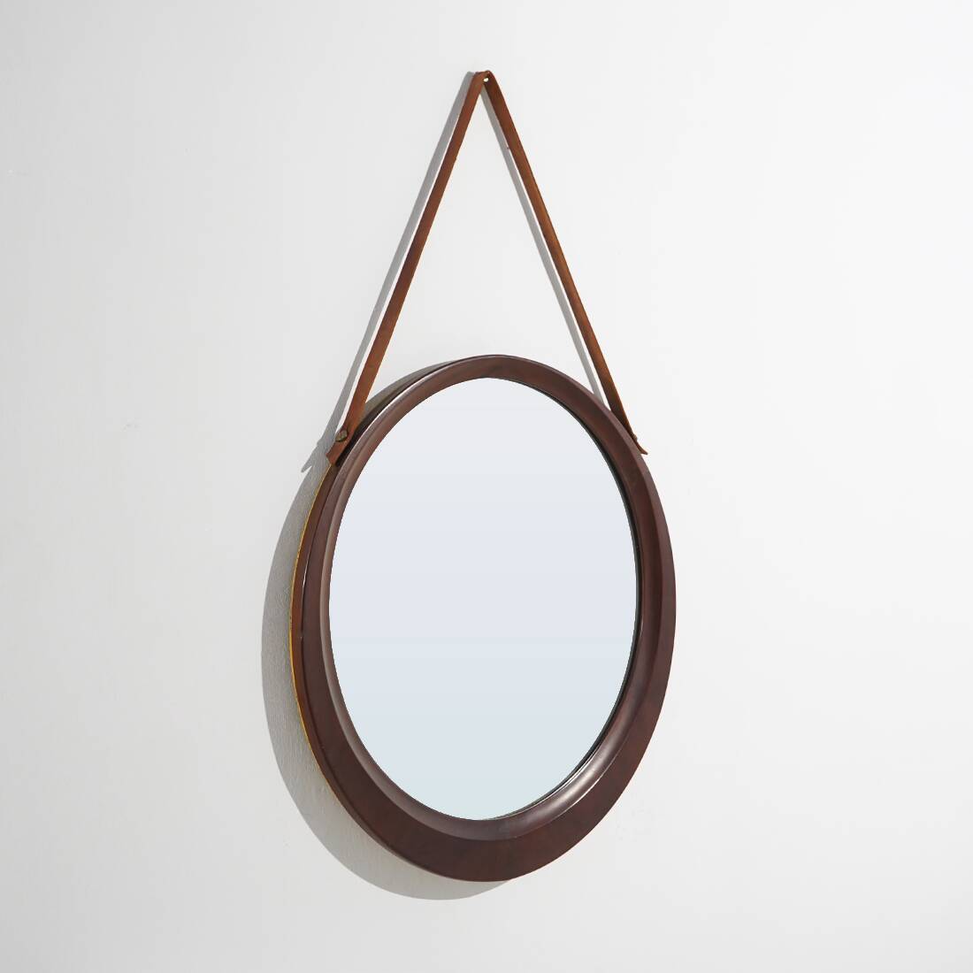 Round wall mirror with leather strap, 1960s