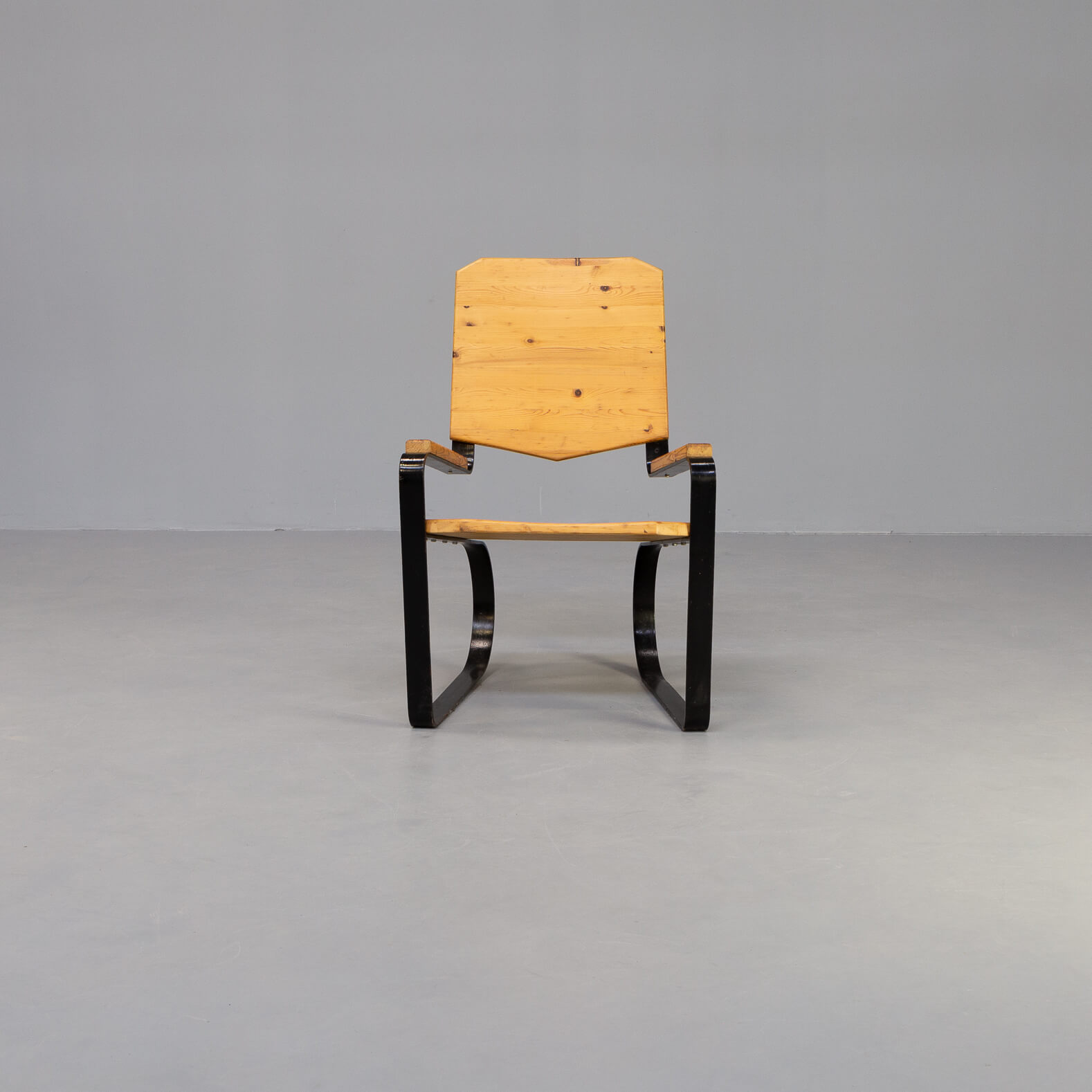 60s Unique metal cantilever framed lounge chair with pine seat