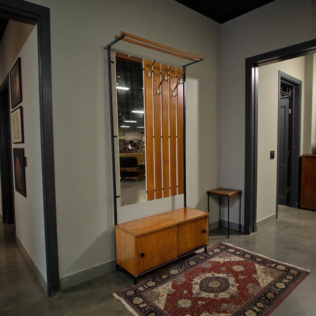 Vintage wooden coat rack with mirror