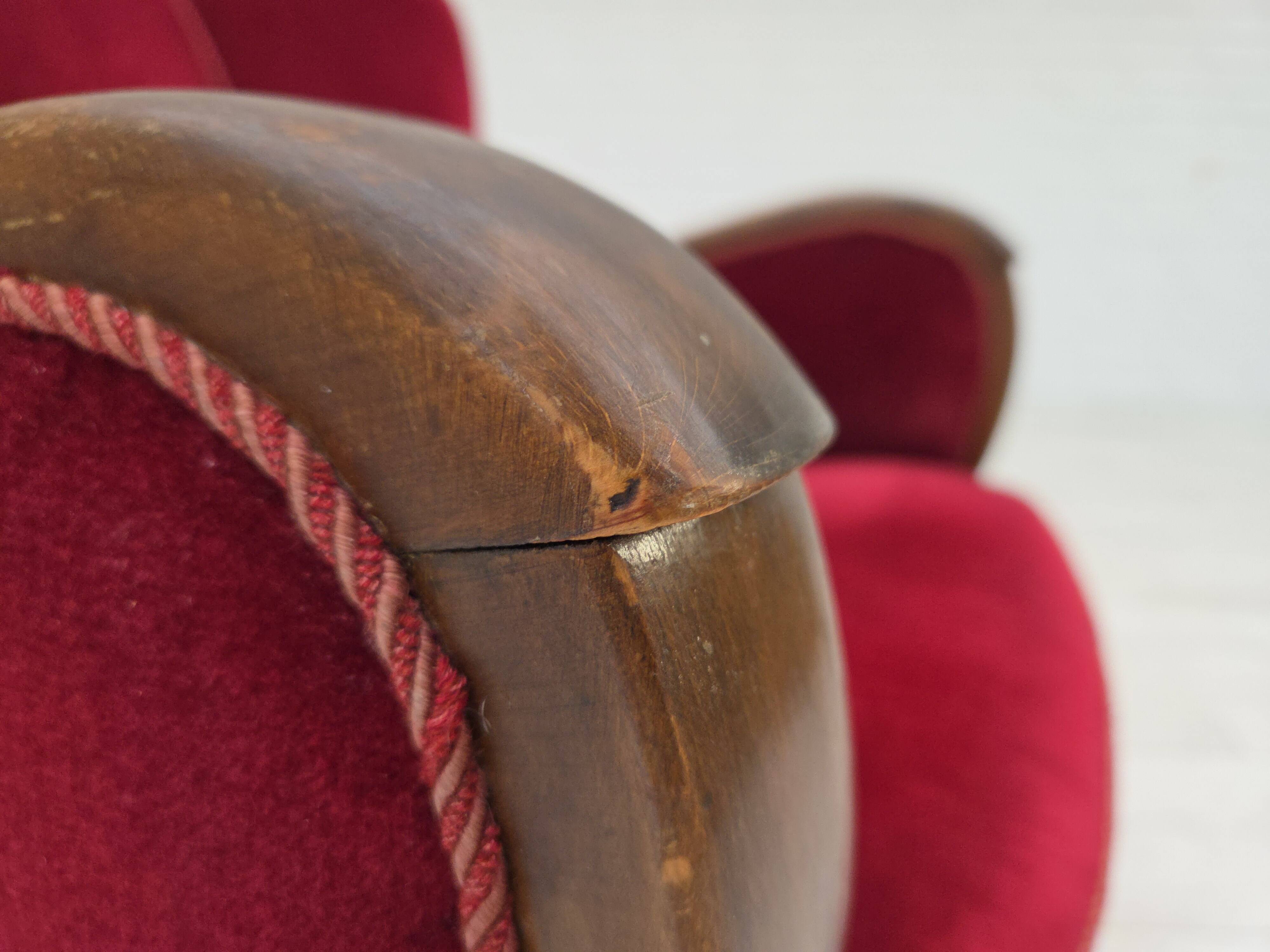 1950s, Danish relax armchair, cherry-red furniture velour, dark beech wood.