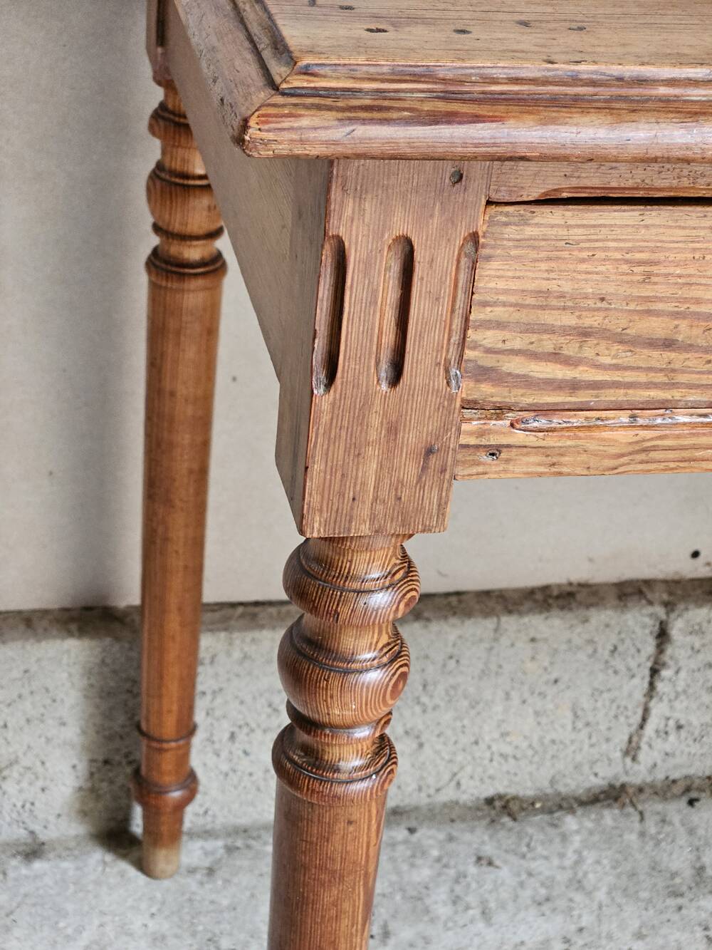 Desk, pine table, turned wooden legs, vintage, 70s
