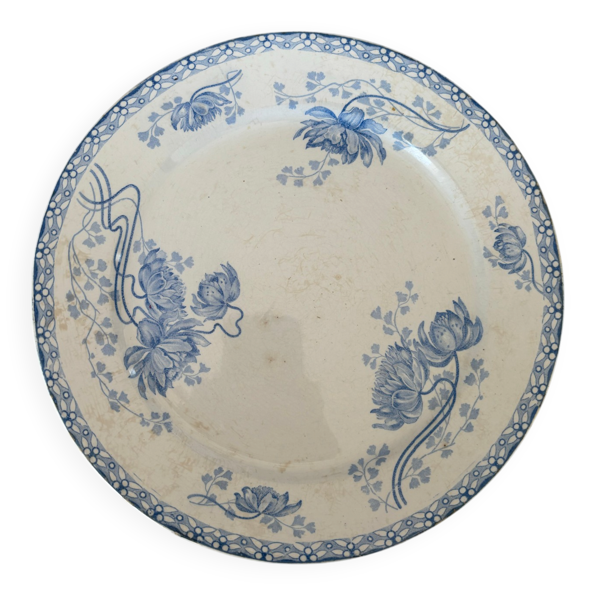 Old flat plate, light blue ironstone from Sarreguemines, model r.
