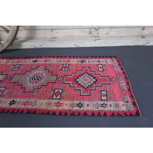 Vintage Turkish Oushak Handmade Wool Cotton Pink Runner Rug 81x337