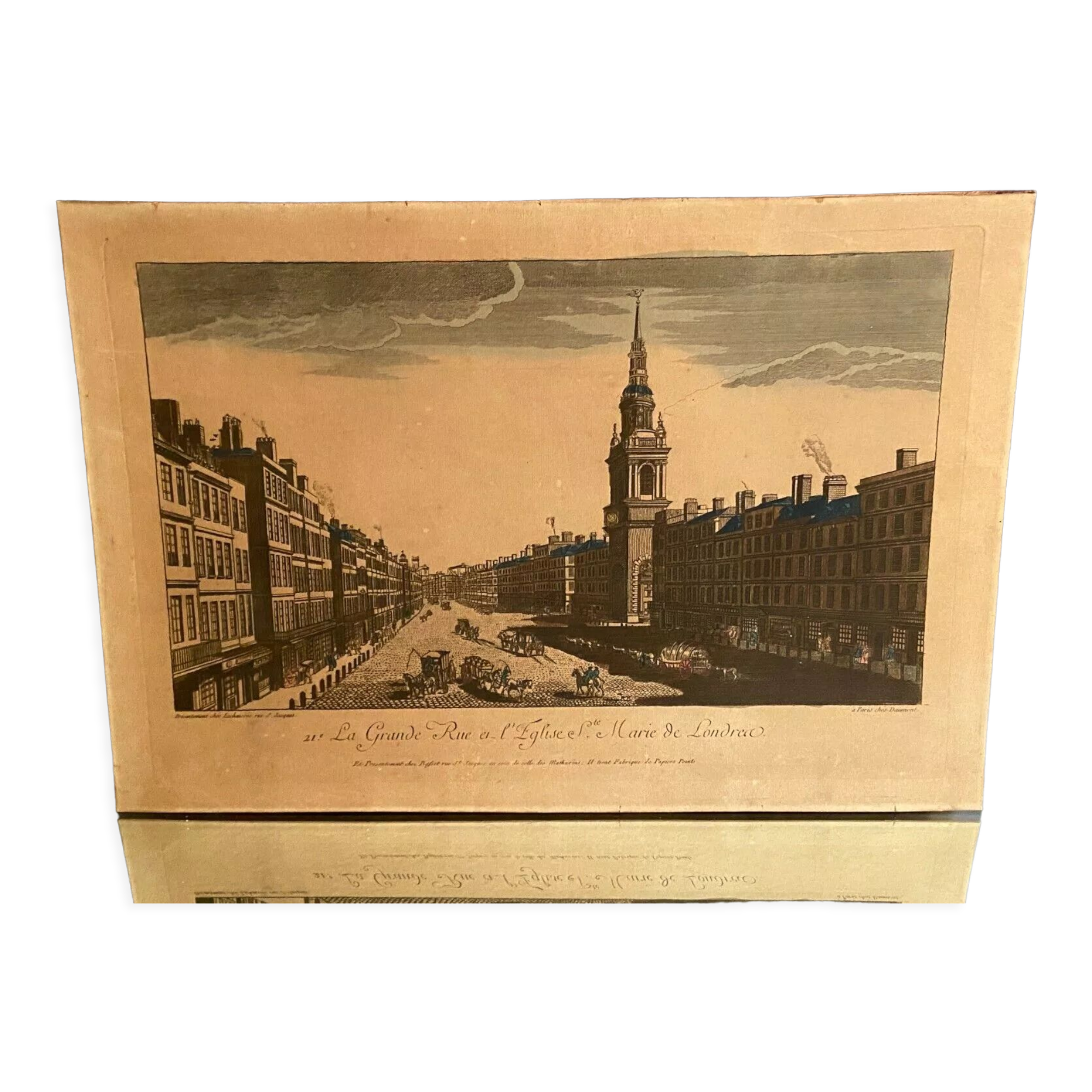 Engraving from optical view The main street and the Church of Sainte Marie Londres