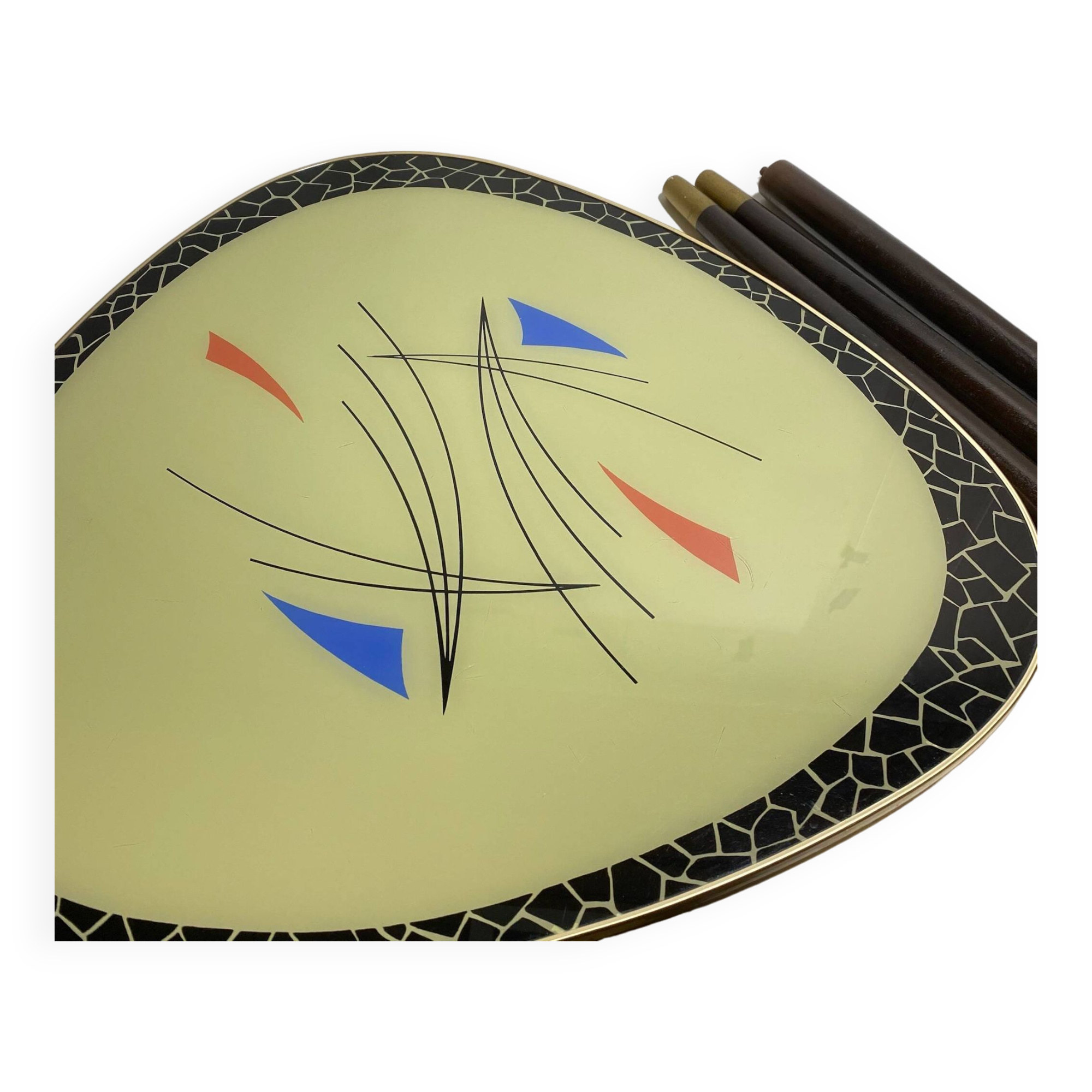 Triangular coffee table with vintage glass top