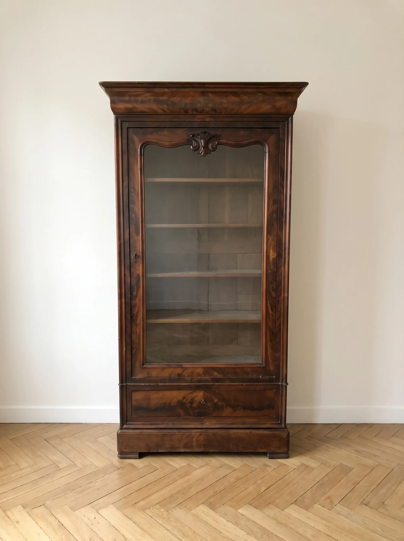 Antique Louis-Philippe glass-fronted cabinet in mahogany