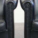 Set of 2 Black Cowhide Leather Club Chairs in English Style