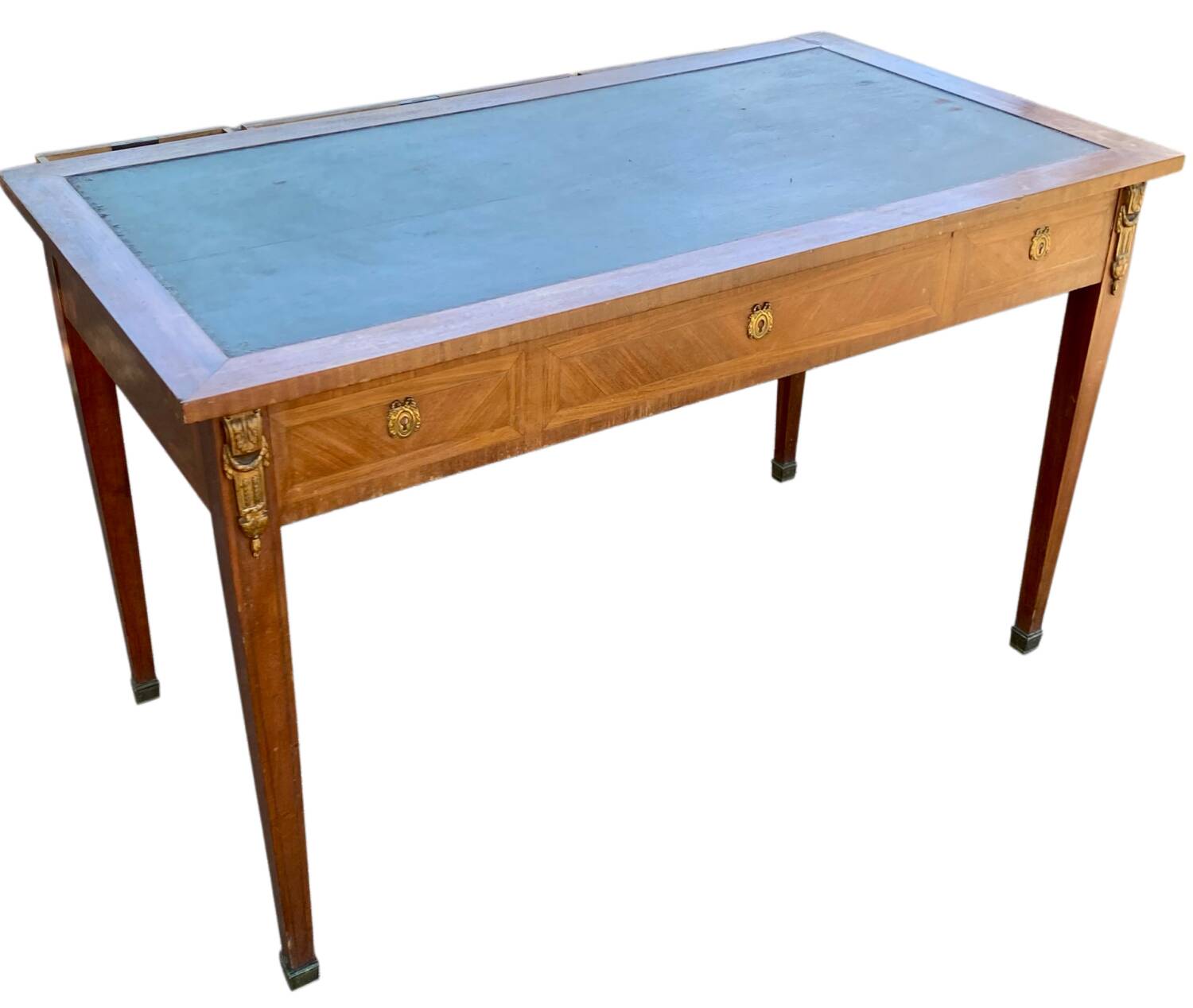 Louis XVI desk with veneer and brass, 3 drawers.