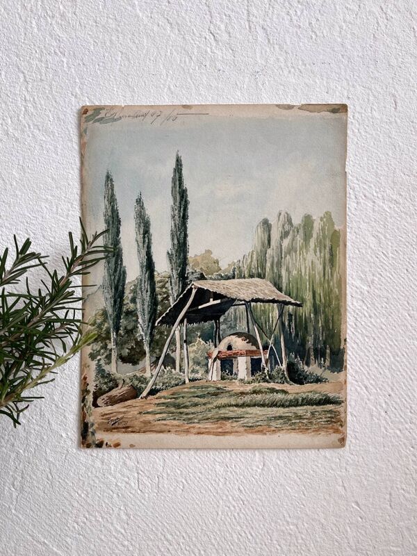 Aquarelle ancienne paysage rural daté 1885