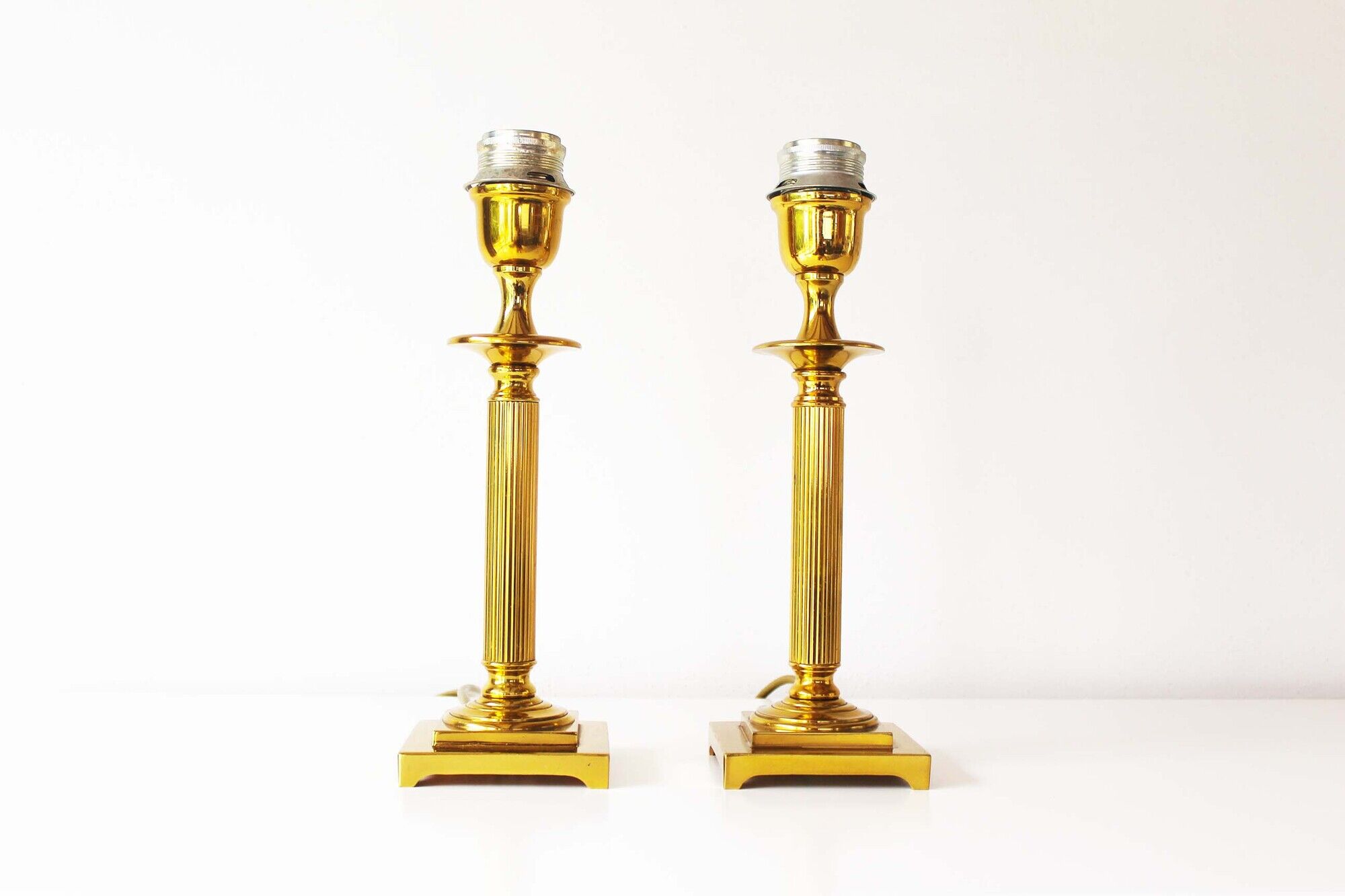 Vintage pair of Brass Column Table Lamps - 1970's Hollywood Regency Lamps