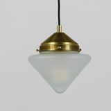 Up to 7 Art Deco brass pendant lights with conical glass shades, Vienna 1930s.