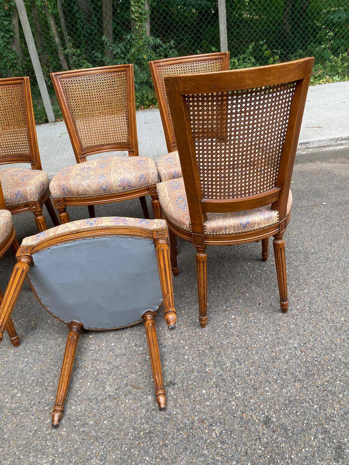 Set of 6 Louis XVI style chairs with caned backs and 70s jacquard fabric.