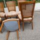 Set of 6 Louis XVI style chairs with caned backs and 70s jacquard fabric.