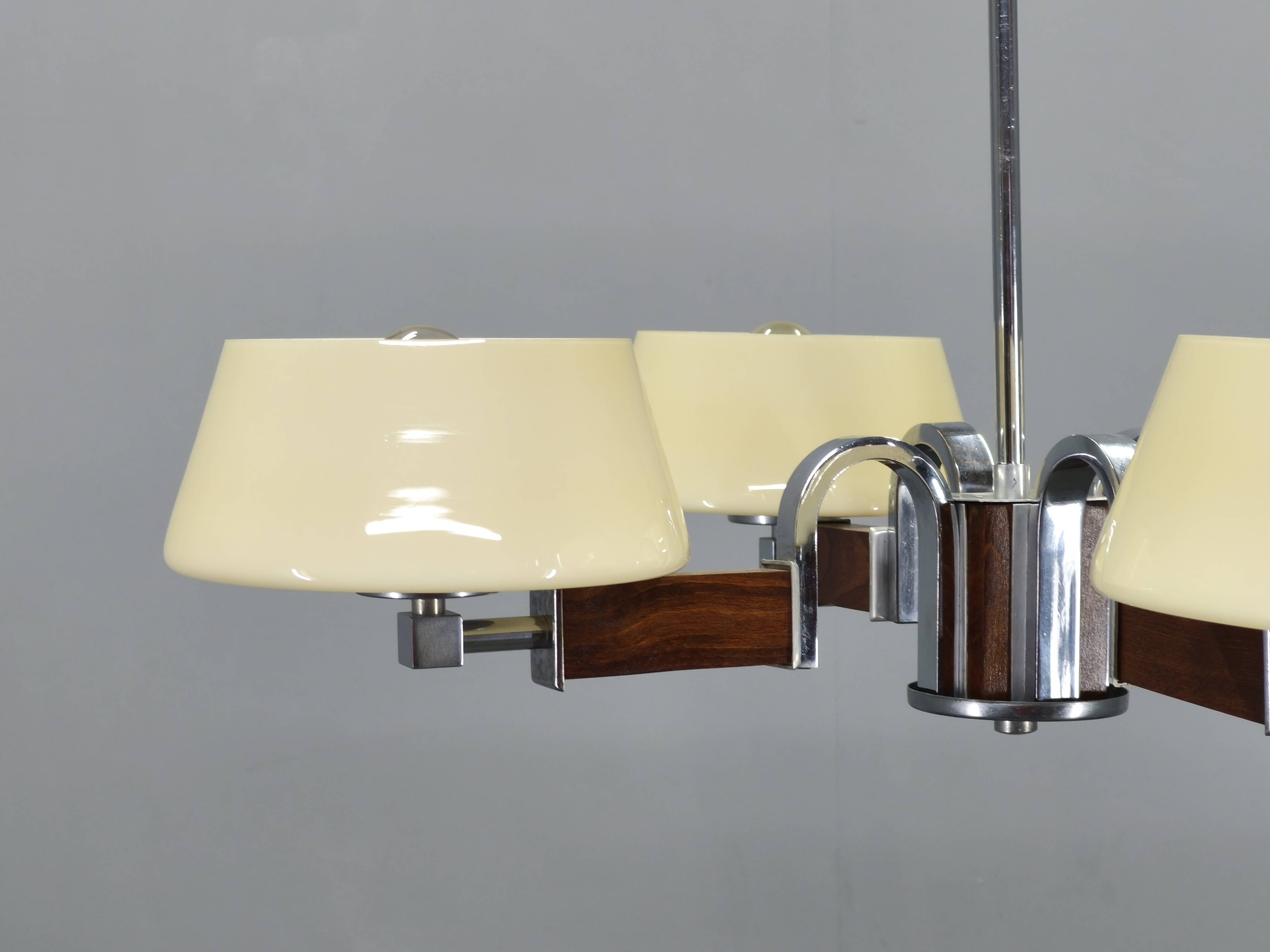 Art Deco Chandelier in Chrome, Wood and Glass, Czechoslovakia
