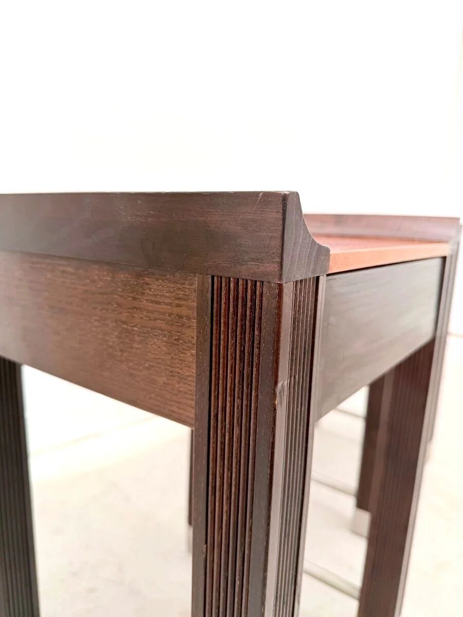 Pair of bedside tables in mahogany and stained oak, France 1980.