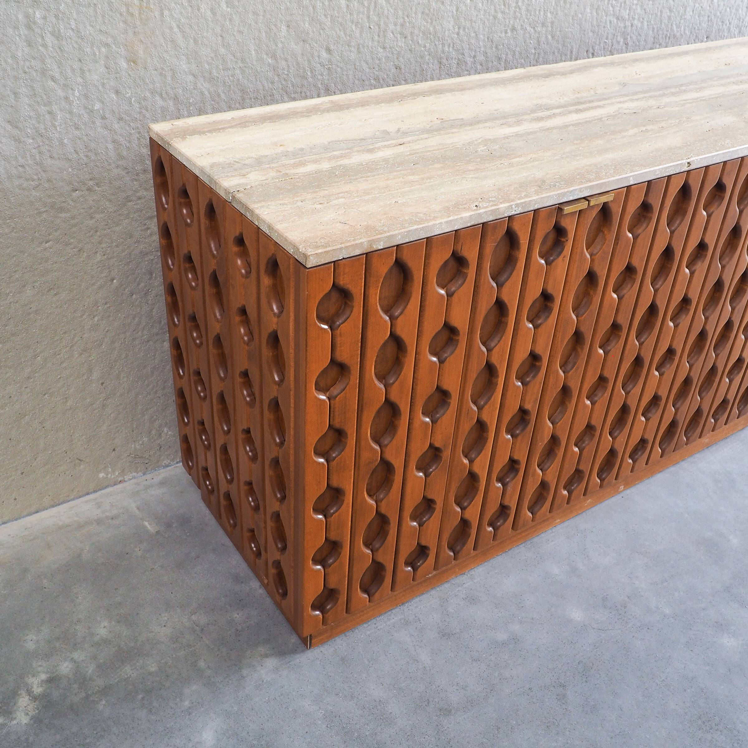 Contemporary Brutalist Carved Wood Sideboard With Travertine Top In review
