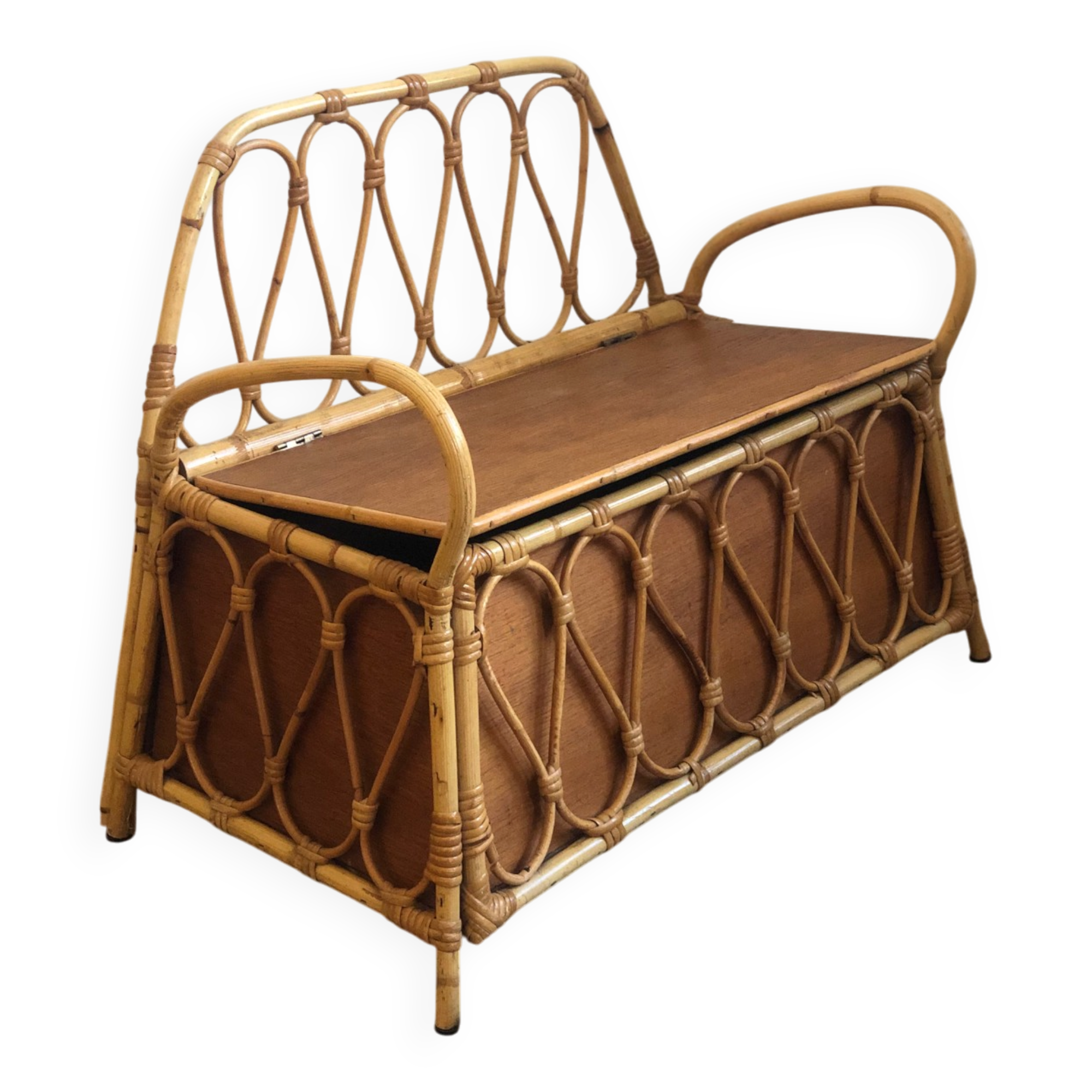 Vintage rattan storage bench for children, 1960s